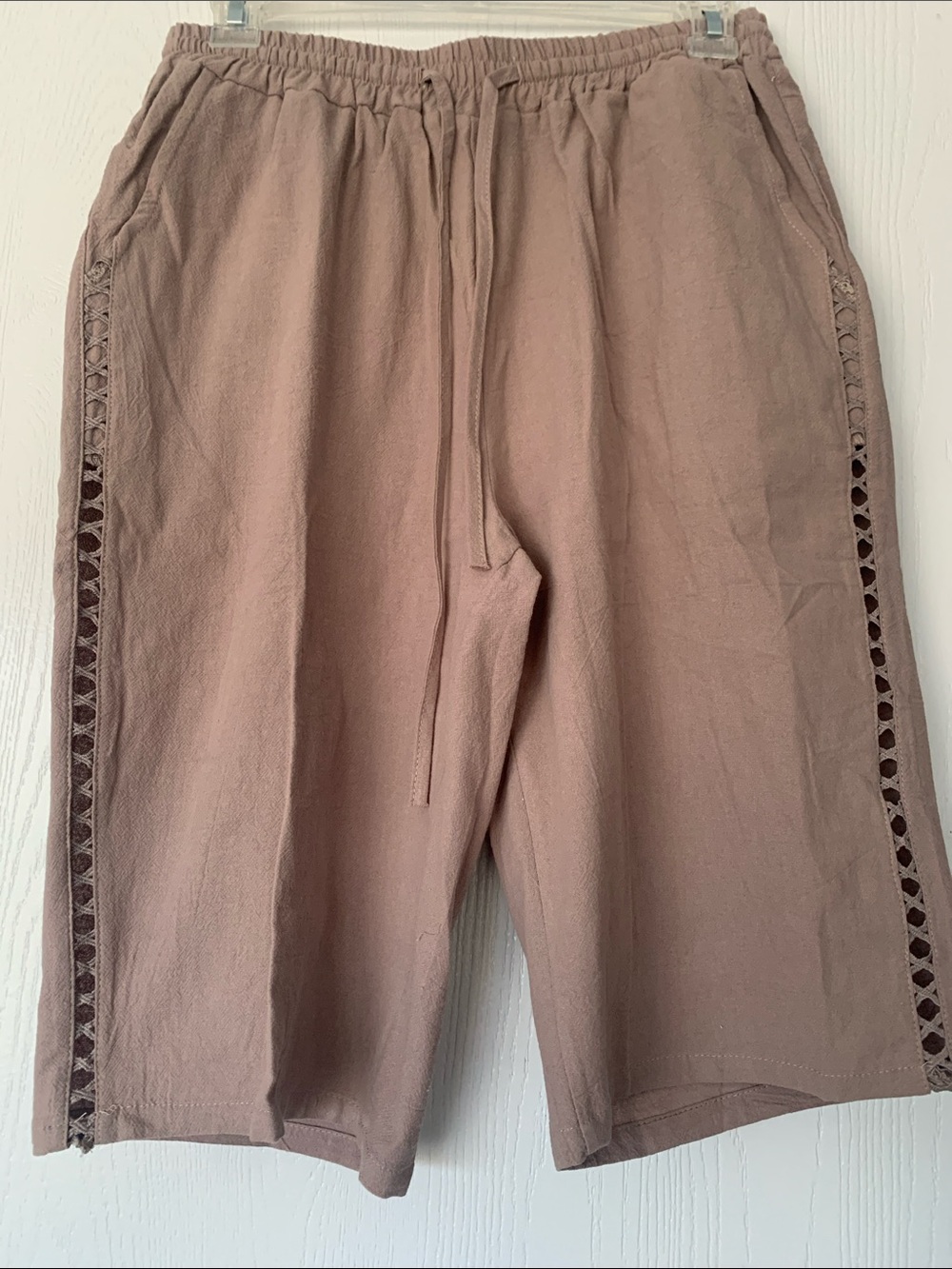 Women's Taupe Drawstring Bermuda Shorts with Side Crocheted Trim